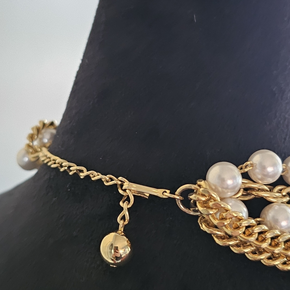 Vtg Elegant Gold and Pearl Multi Strand Choker Necklace - Picture 2 of 5